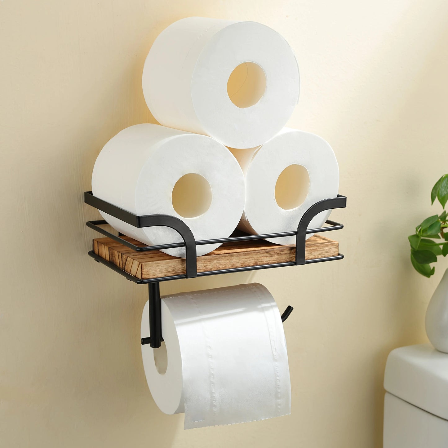 Wandplank met Toiletrolhouder – Metalen Frame met Houten Plank voor Badkamer