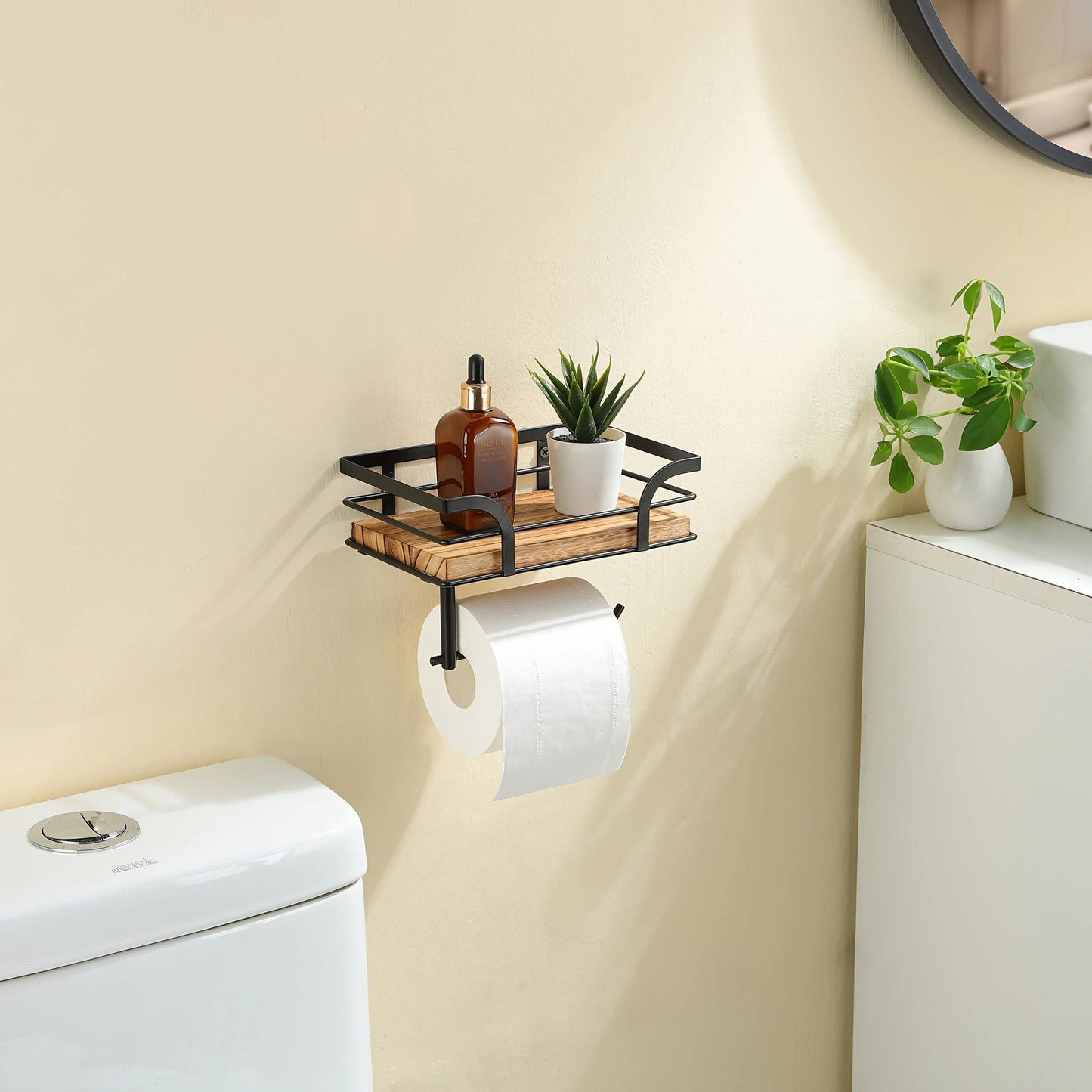 Wandplank met Toiletrolhouder – Metalen Frame met Houten Plank voor Badkamer