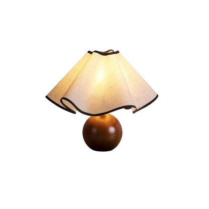 Wavecrest Tafellamp Golvende Stoffen Kap met Houten Voet ∅15″ E26/E27 Linnenkap Beige Walnoot Zwart Inline Schakelaar 59″ Snoer Organisch Golvenontwerp Sansoti