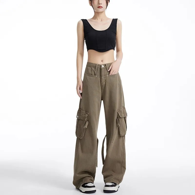 Vrouwelijke Cargo Broek Khaki Retro Stijl