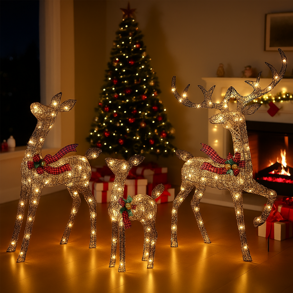 Verlichte Rendierenfamilie Decoratie Rotan Design Voor Tuin Gouden Finish Outdoor Kerstverlichting Set 3-Delig