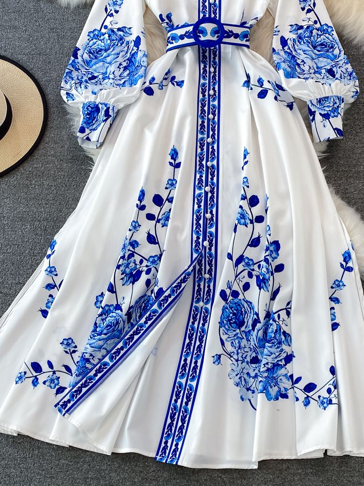 Wendy Lange Jurk Dames | Polyester, Bloemenprint met Lantaarnmouwen 4