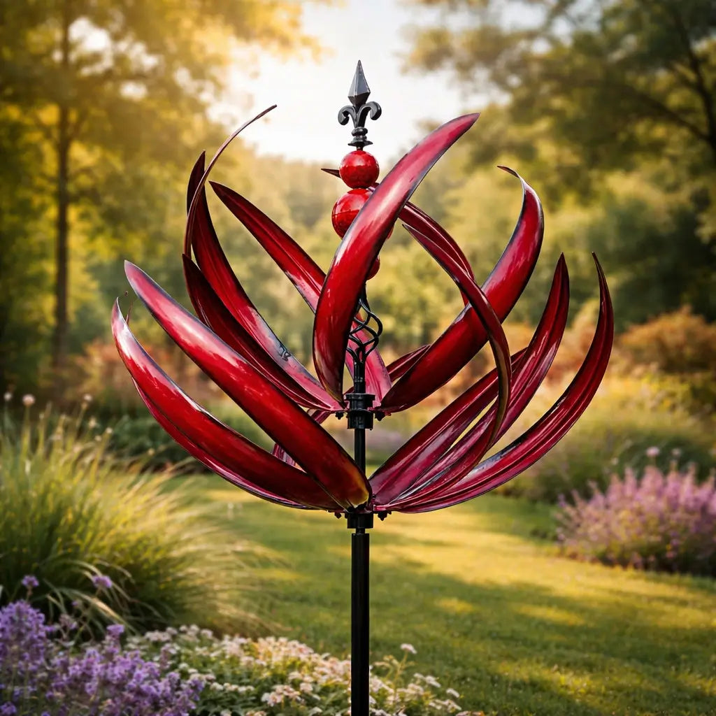 Metalen Tuinwindmolen Lotus 90cm Weerbestendig Decoratief Windspel Tuin en Terras Rood Blauw