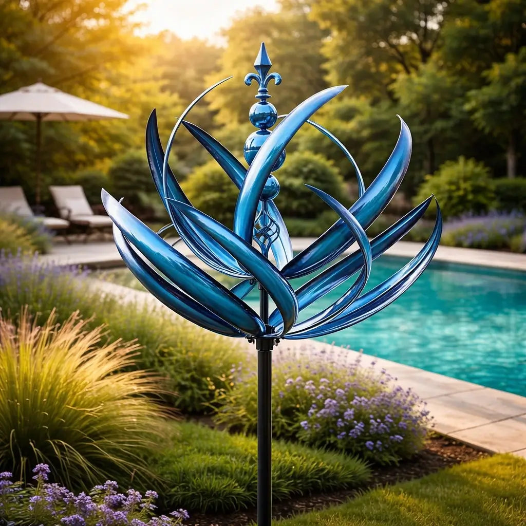Metalen Tuinwindmolen Lotus 90cm Weerbestendig Decoratief Windspel Tuin en Terras Rood Blauw
