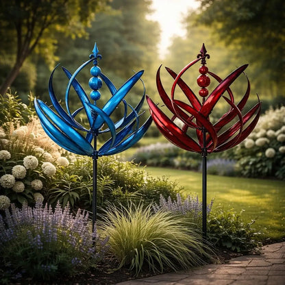 Metalen Tuinwindmolen Lotus 90cm Weerbestendig Decoratief Windspel Tuin en Terras Rood Blauw