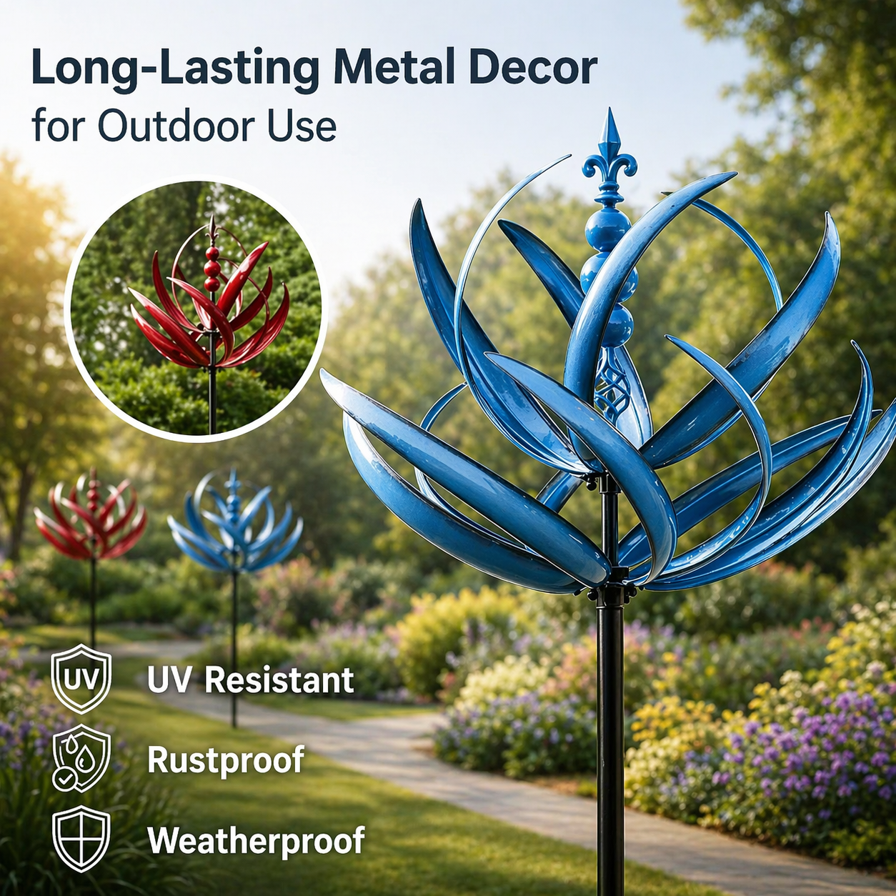 Metalen Tuinwindmolen Lotus 90cm Weerbestendig Decoratief Windspel Tuin en Terras Rood Blauw