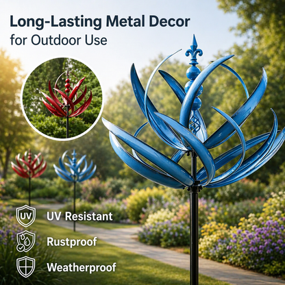 Metalen Tuinwindmolen Lotus 90cm Weerbestendig Decoratief Windspel Tuin en Terras Rood Blauw
