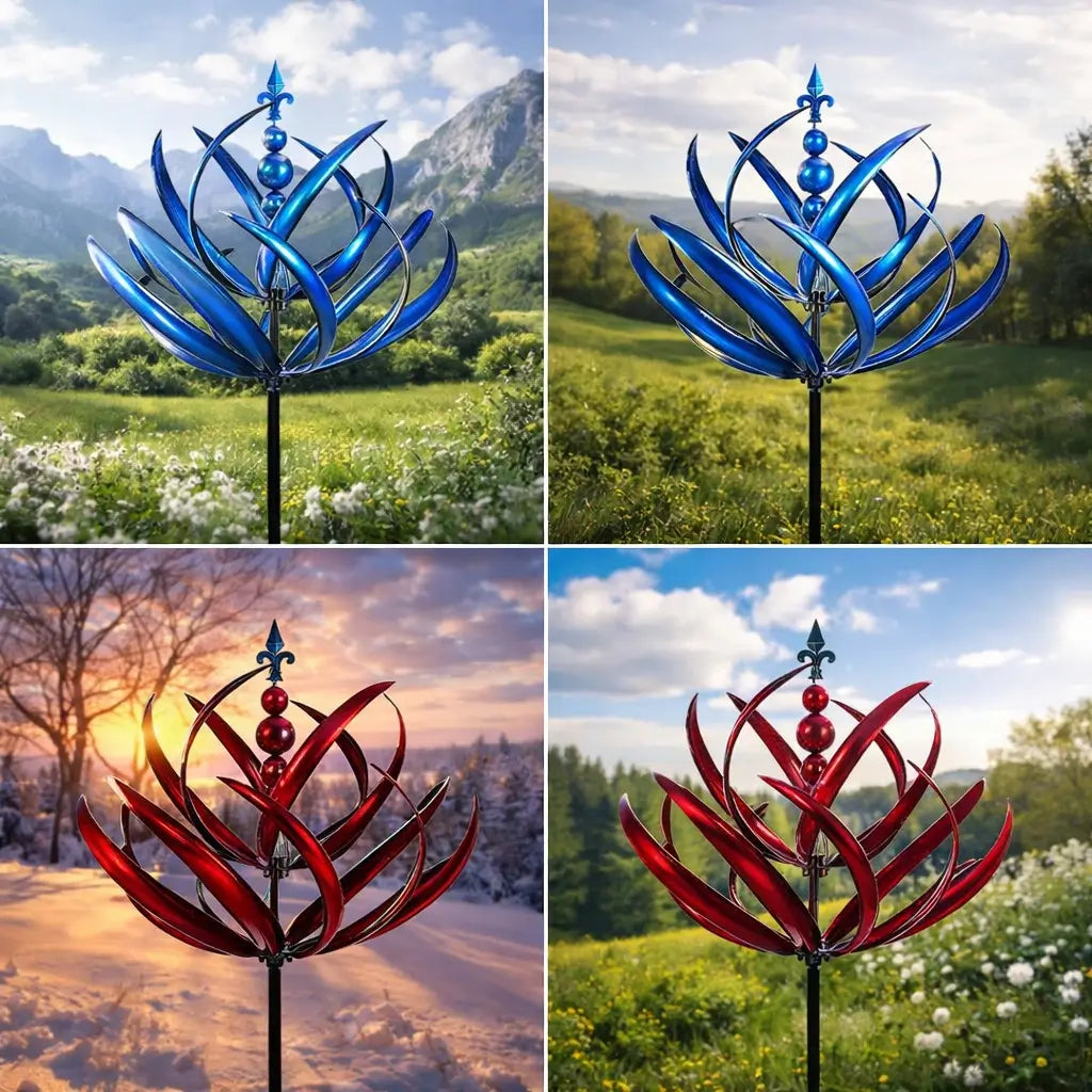 Metalen Tuinwindmolen Lotus 90cm Weerbestendig Decoratief Windspel Tuin en Terras Rood Blauw