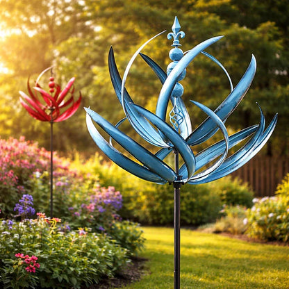 Metalen Tuinwindmolen Lotus 90cm Weerbestendig Decoratief Windspel Tuin en Terras Rood Blauw