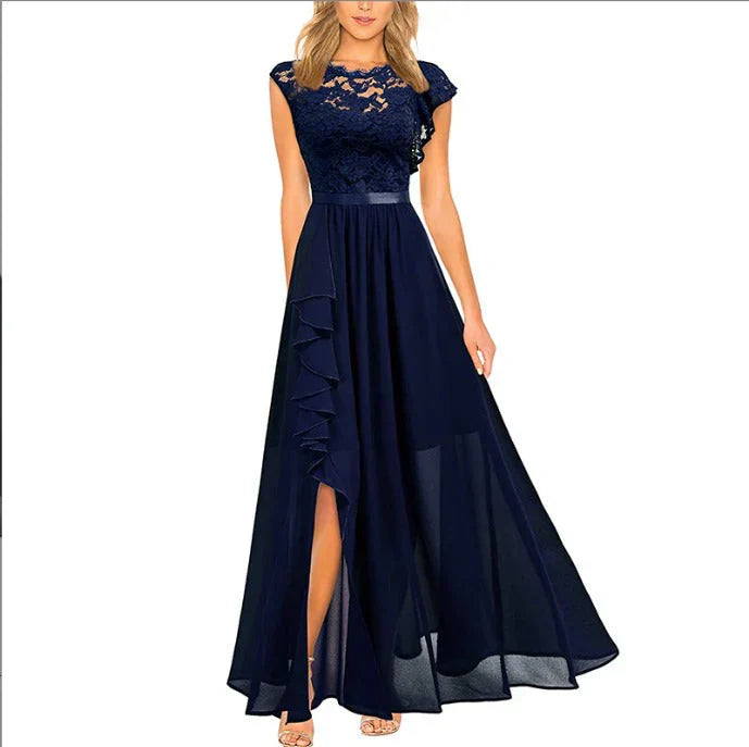 Maxi Jurk A-Lijn met Kant en Ruches Elegante Vrouwelijke Stijl