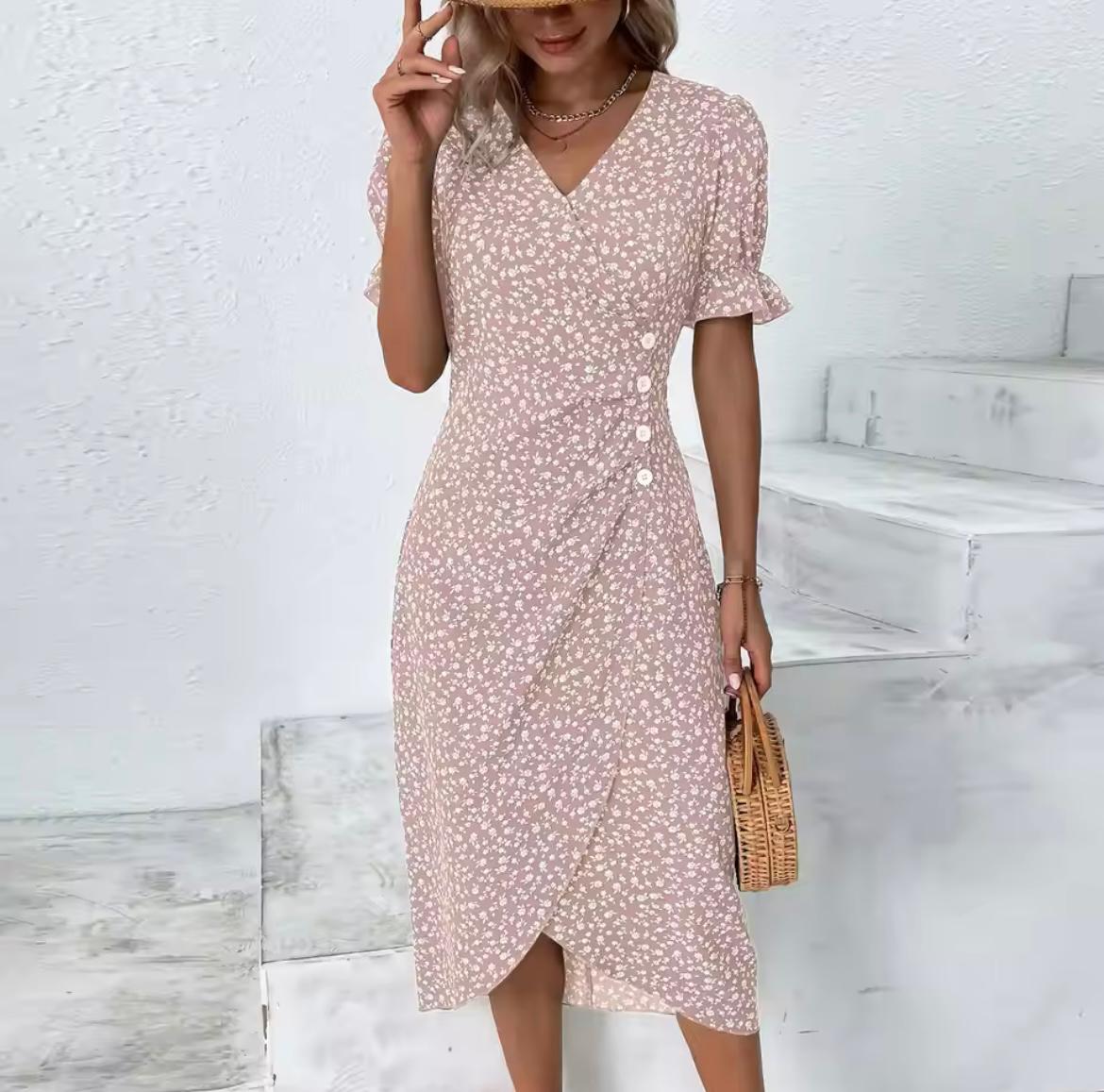 Zomerjurk Bloemenprint Licht Roze Jurk voor Vrouw