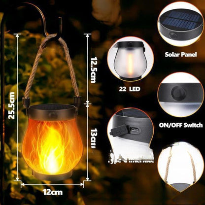 Zonne-energie Lantaarn Vlam Effect 22 LED 25,5cm Buiten Tuin Terras Hangend Zonne-energie Sfeerverlichting Henneptouw Waterdicht