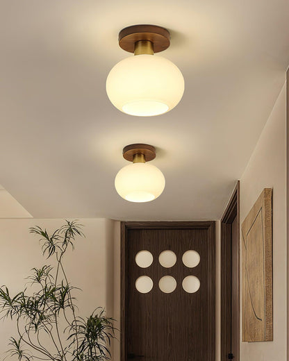 Plafondlamp Walnoot Koper Glas Wit Ø18cm Woonkamer Slaapkamer Gang Opaalbol Plafonnière Retro Sfeerverlichting