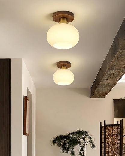 Plafondlamp Walnoot Koper Glas Wit Ø18cm Woonkamer Slaapkamer Gang Opaalbol Plafonnière Retro Sfeerverlichting
