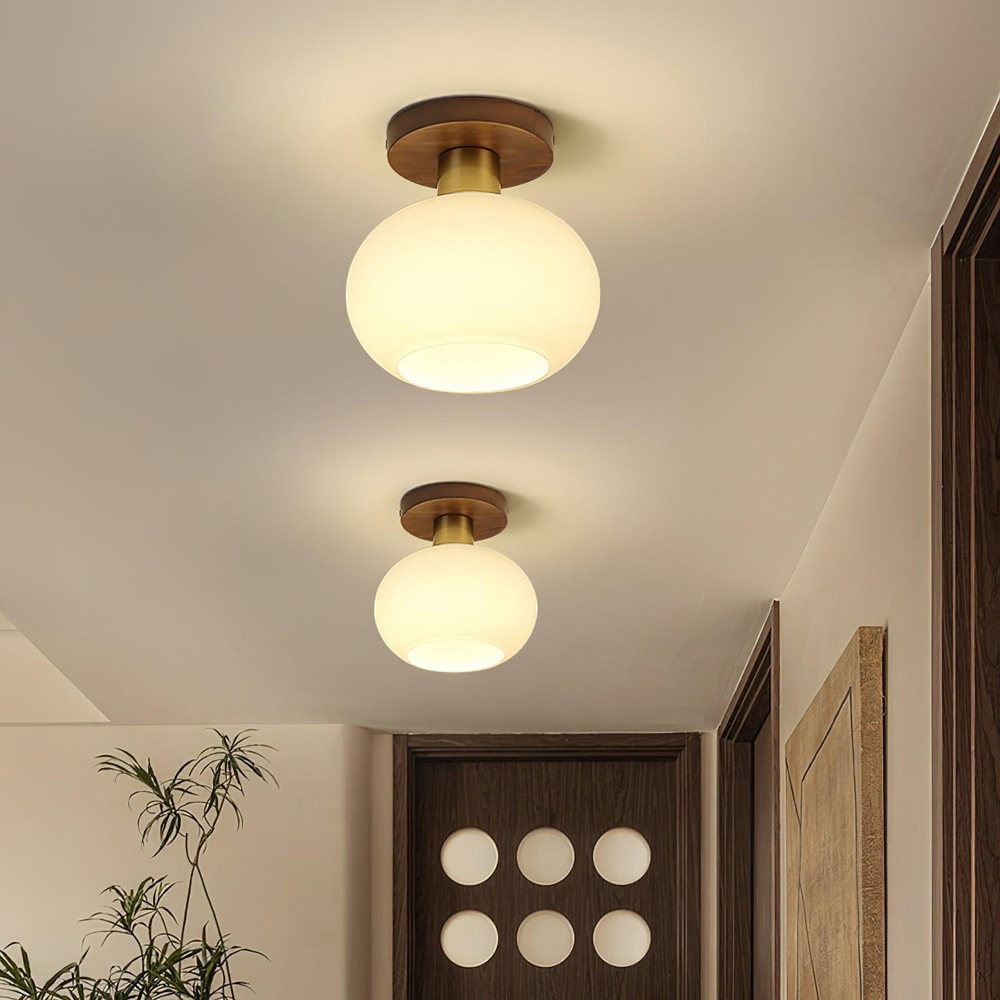 Plafondlamp Walnoot Koper Glas Wit Ø18cm Woonkamer Slaapkamer Gang Opaalbol Plafonnière Retro Sfeerverlichting