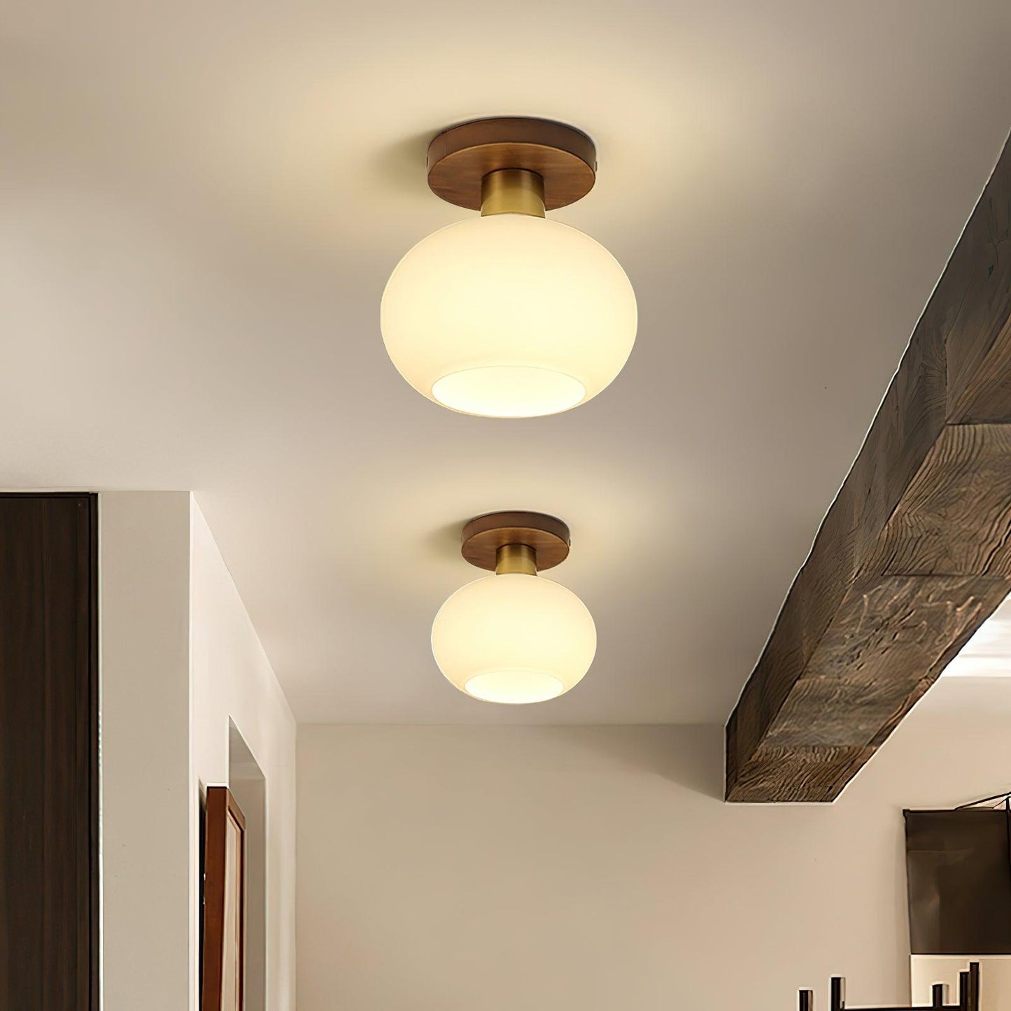 Plafondlamp Walnoot Koper Glas Wit Ø18cm Woonkamer Slaapkamer Gang Opaalbol Plafonnière Retro Sfeerverlichting