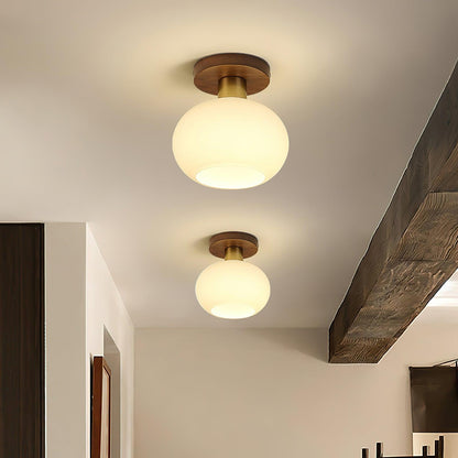 Plafondlamp Walnoot Koper Glas Wit Ø18cm Woonkamer Slaapkamer Gang Opaalbol Plafonnière Retro Sfeerverlichting