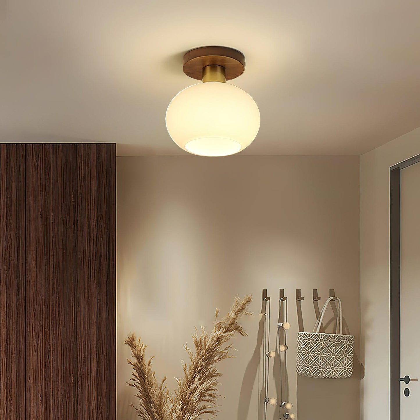 Plafondlamp Walnoot Koper Glas Wit Ø18cm Woonkamer Slaapkamer Gang Opaalbol Plafonnière Retro Sfeerverlichting