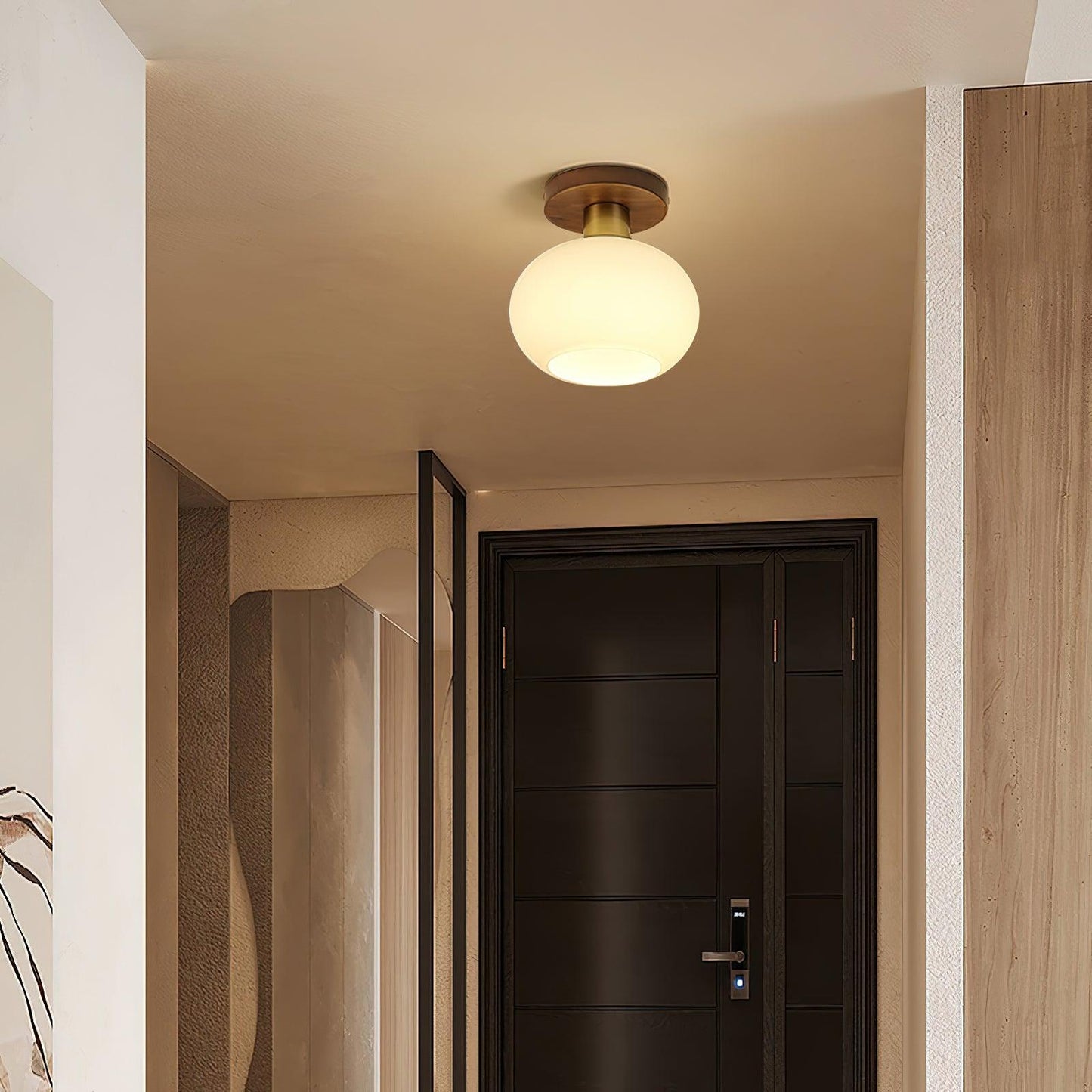 Plafondlamp Walnoot Koper Glas Wit Ø18cm Woonkamer Slaapkamer Gang Opaalbol Plafonnière Retro Sfeerverlichting