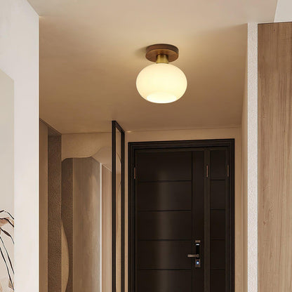 Plafondlamp Walnoot Koper Glas Wit Ø18cm Woonkamer Slaapkamer Gang Opaalbol Plafonnière Retro Sfeerverlichting