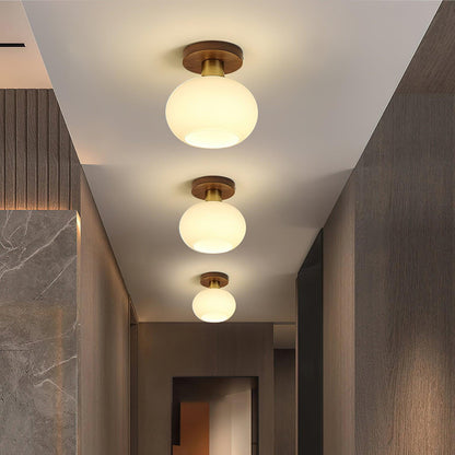 Plafondlamp Walnoot Koper Glas Wit Ø18cm Woonkamer Slaapkamer Gang Opaalbol Plafonnière Retro Sfeerverlichting
