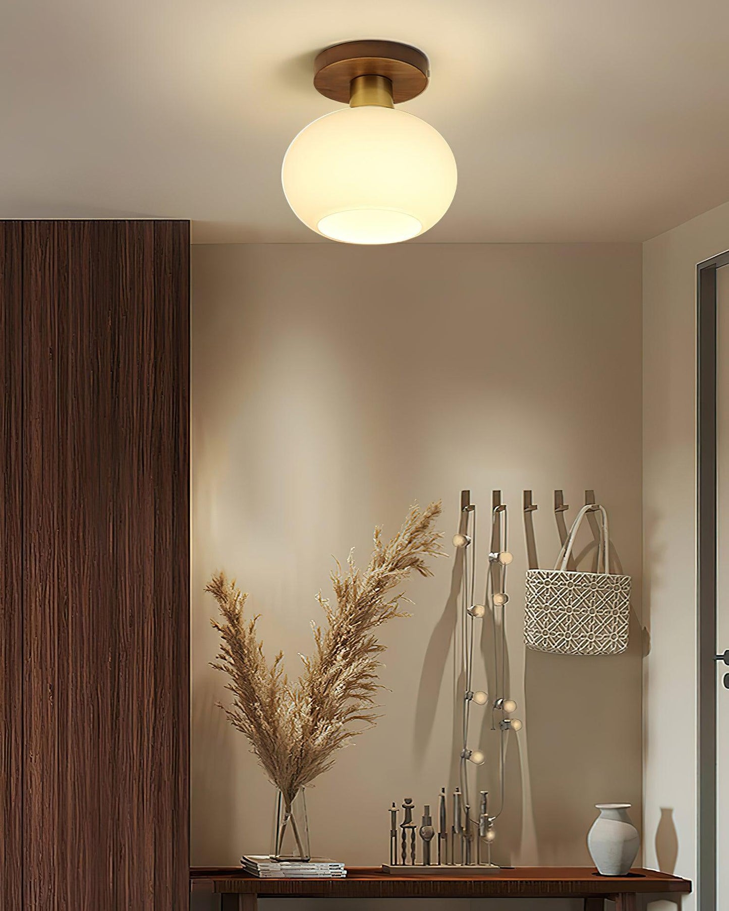 Plafondlamp Walnoot Koper Glas Wit Ø18cm Woonkamer Slaapkamer Gang Opaalbol Plafonnière Retro Sfeerverlichting