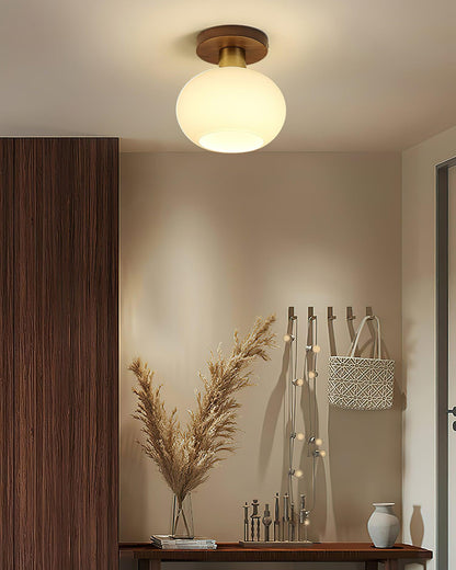 Plafondlamp Walnoot Koper Glas Wit Ø18cm Woonkamer Slaapkamer Gang Opaalbol Plafonnière Retro Sfeerverlichting