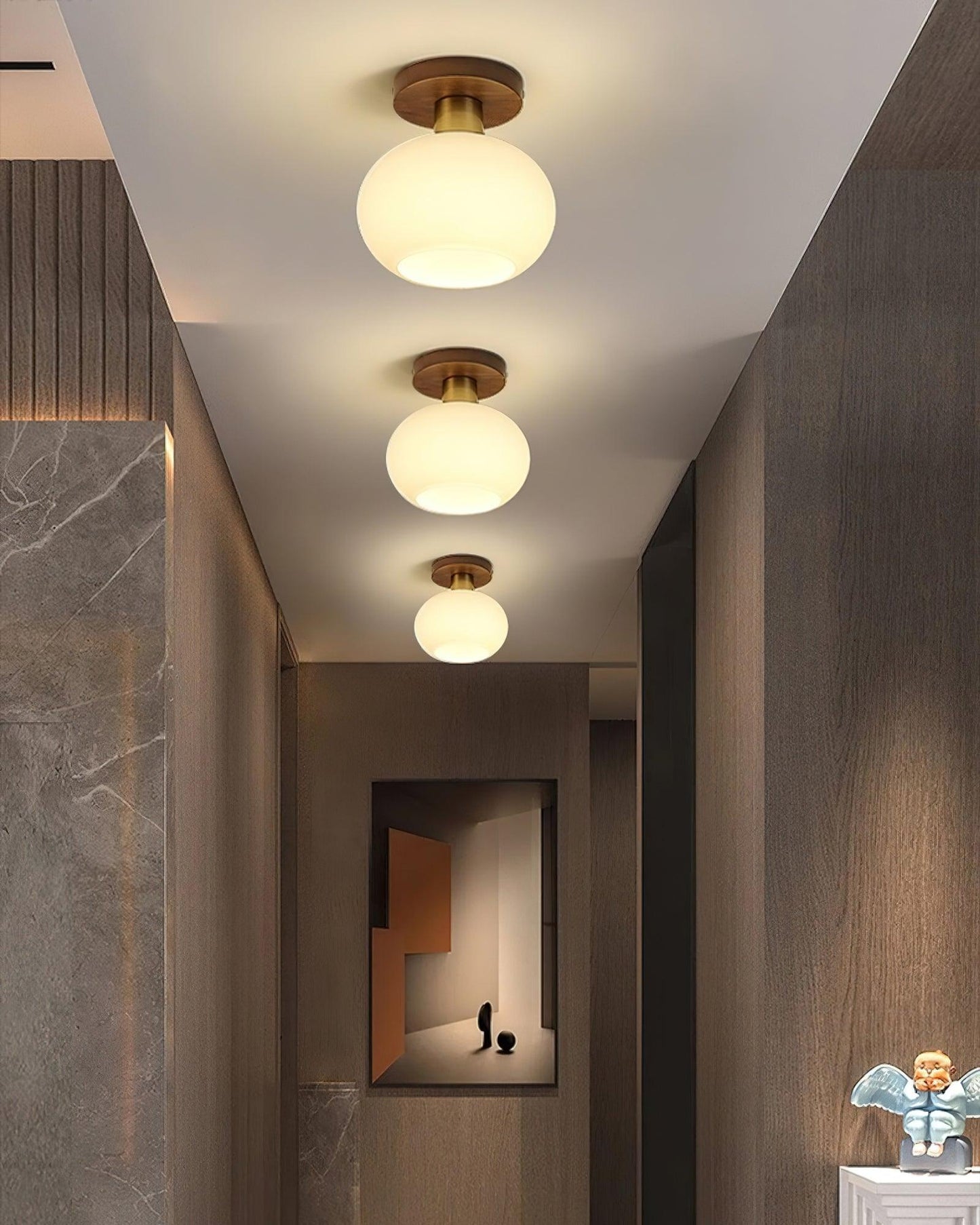 Plafondlamp Walnoot Koper Glas Wit Ø18cm Woonkamer Slaapkamer Gang Opaalbol Plafonnière Retro Sfeerverlichting