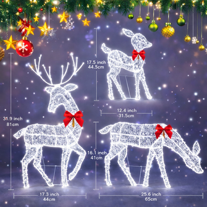 Verlichte Rendierenfamilie Decoratie Rotan Design Voor Tuin Gouden Finish Outdoor Kerstverlichting Set 3-Delig