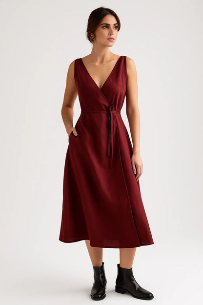 Midi Jurk Dames Wikkeljurk met V-hals en Strikceintuur Elegant