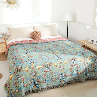 Katoenen Wenddeken met Bloemenweving en Kwasten – Zachte Jacquardplaid voor Bed en Bank