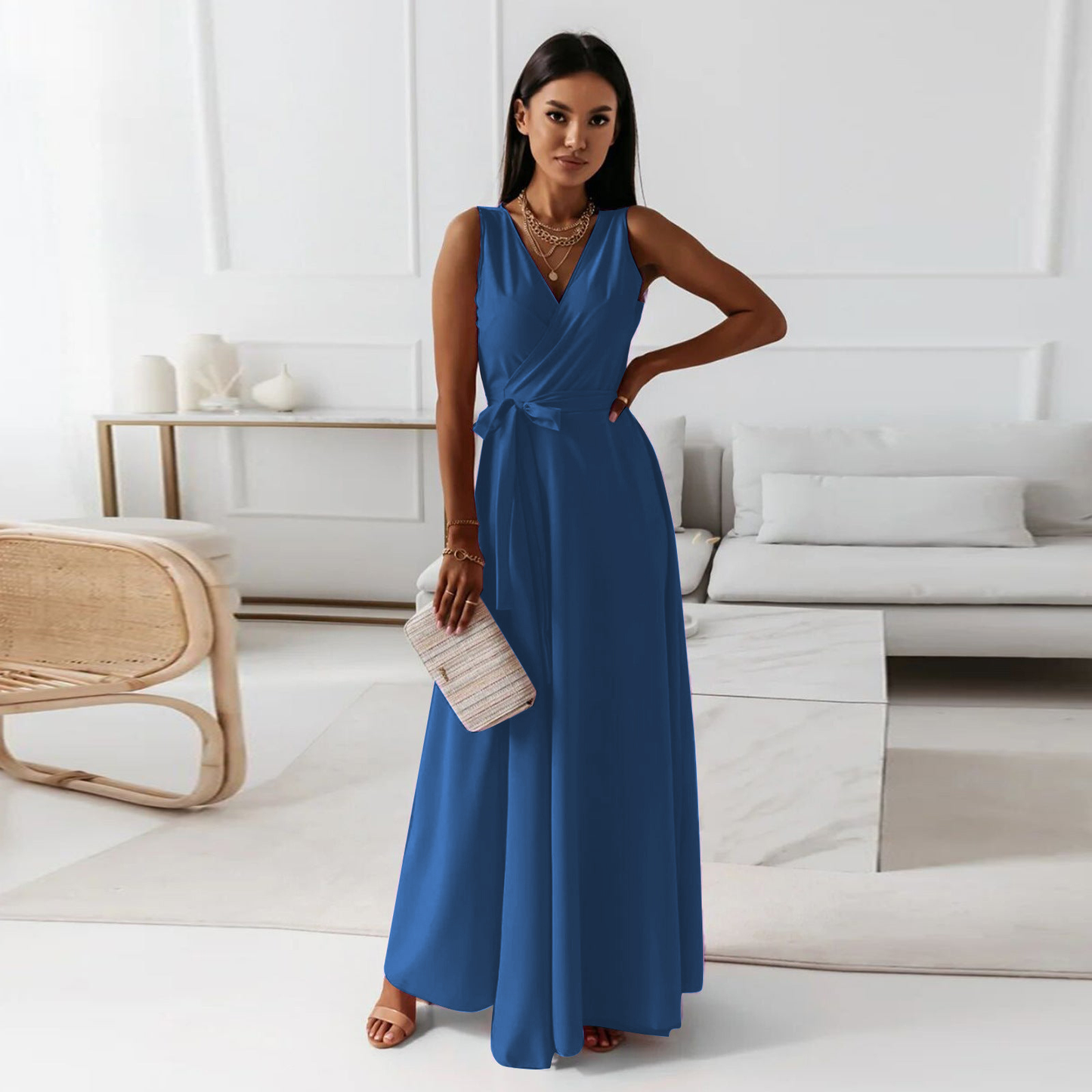 Wille Dames Lange Jurk | Elegante V-hals, Donkergroen Maxi Jurk 1