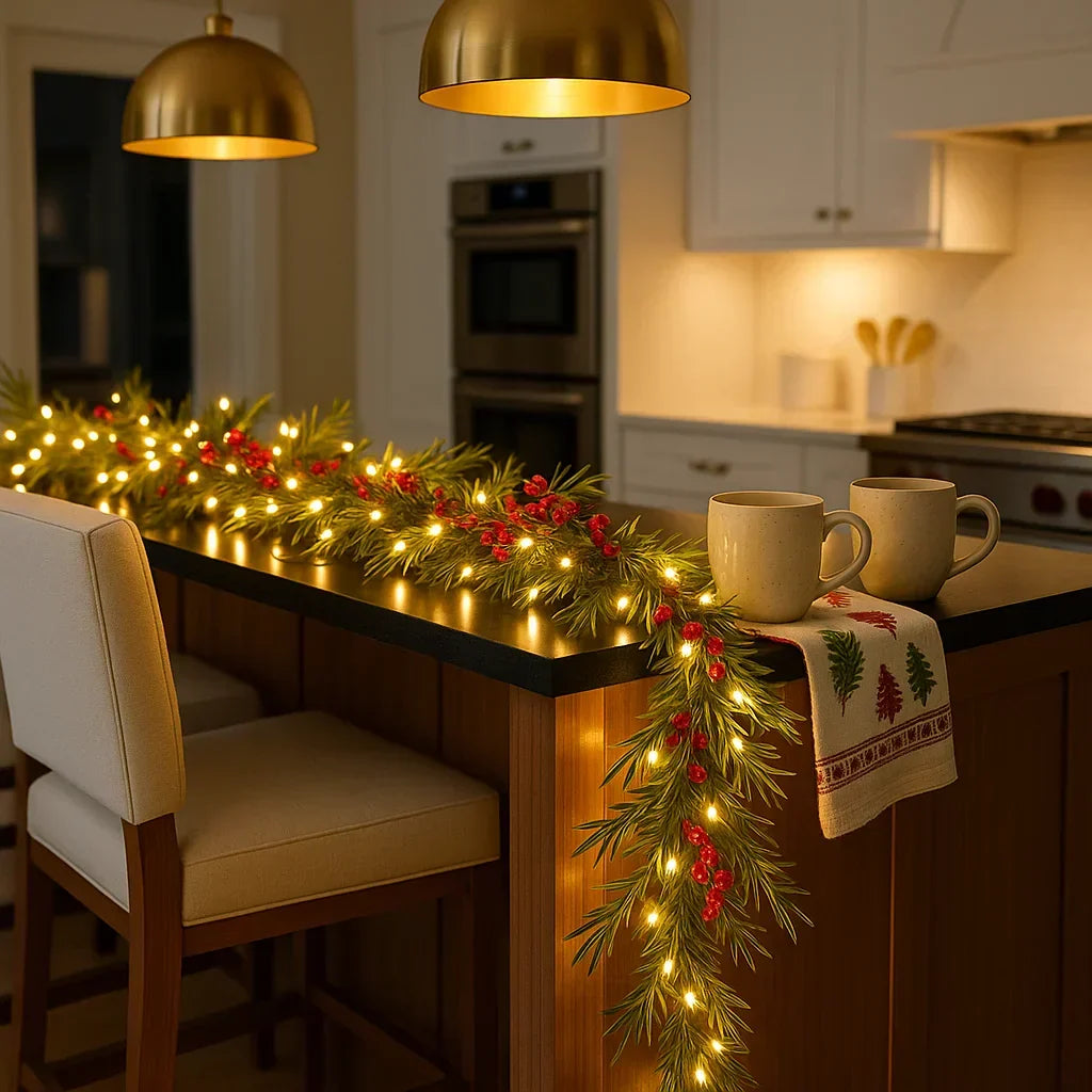 Verlichte Kerstslinger met Rode Bessen en Dennentakken 180cm Warm Wit – LED-decoratie voor Binnen