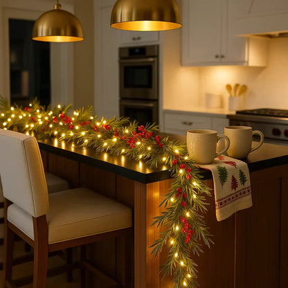 Verlichte Kerstslinger met Rode Bessen en Dennentakken 180cm Warm Wit – LED-decoratie voor Binnen