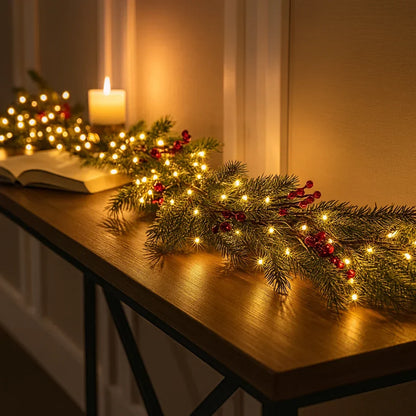 Verlichte Kerstslinger met Rode Bessen en Dennentakken 180cm Warm Wit – LED-decoratie voor Binnen