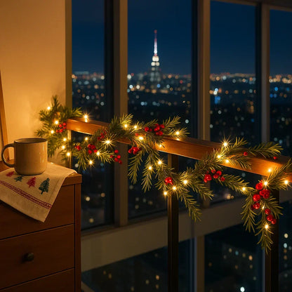 Verlichte Kerstslinger met Rode Bessen en Dennentakken 180cm Warm Wit – LED-decoratie voor Binnen