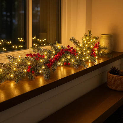 Verlichte Kerstslinger met Rode Bessen en Dennentakken 180cm Warm Wit – LED-decoratie voor Binnen