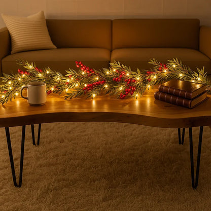 Verlichte Kerstslinger met Rode Bessen en Dennentakken 180cm Warm Wit – LED-decoratie voor Binnen