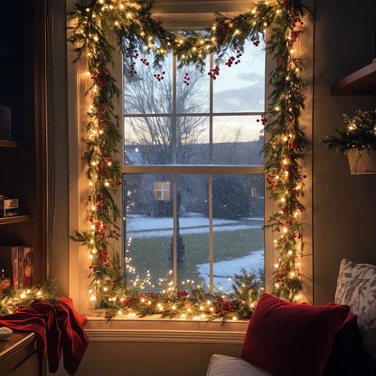 Verlichte Kerstslinger met Rode Bessen en Dennentakken 180cm Warm Wit – LED-decoratie voor Binnen