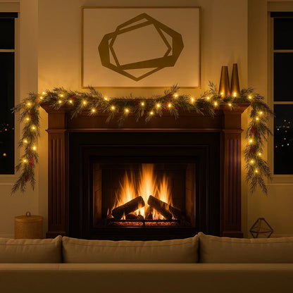 Verlichte Kerstslinger met Rode Bessen en Dennentakken 180cm Warm Wit – LED-decoratie voor Binnen