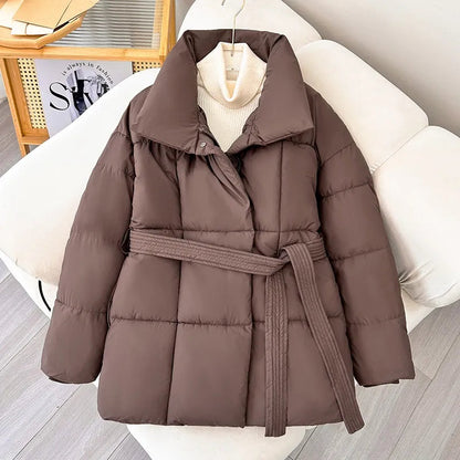Dames Winterjas Warm Verstelbare Taille Hoge Kraag