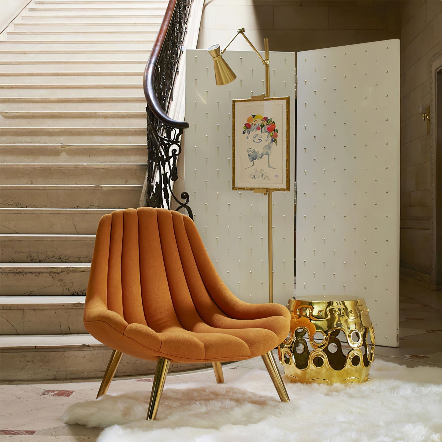 Vloerlamp met Ezelhouder Goudkleurig Frame Marmeren Voet E26/E27 Max 40W Moderne Verlichting voor Kunstwerken en Interieur