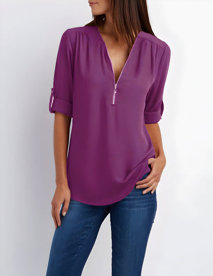 Witte Dames Blouse Korte Mouw | Modern Met Ritssluiting 11