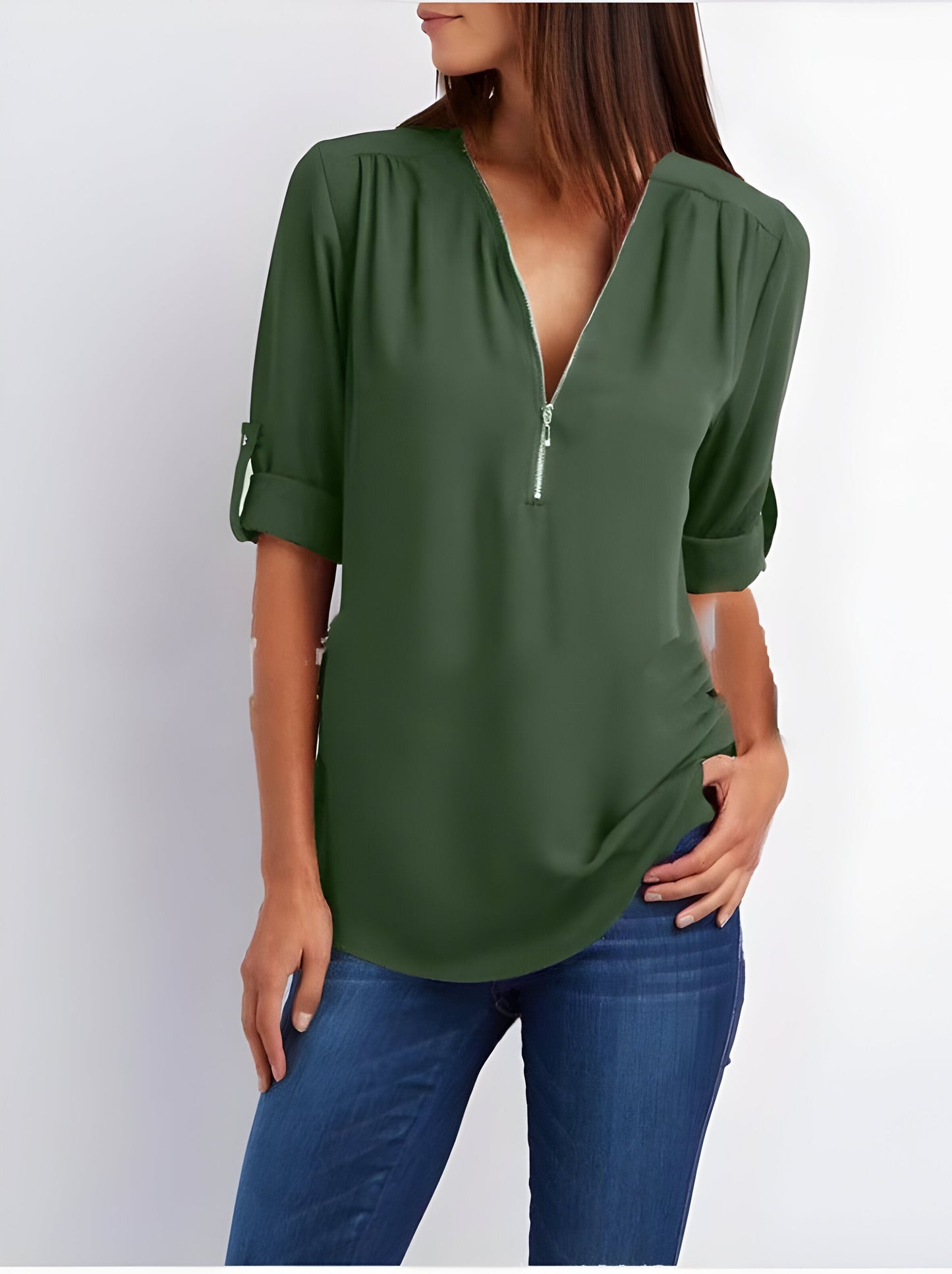 Witte Dames Blouse Korte Mouw | Modern Met Ritssluiting 12