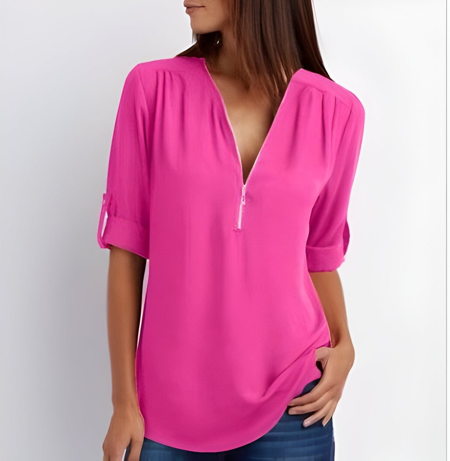 Witte Dames Blouse Korte Mouw | Modern Met Ritssluiting 3