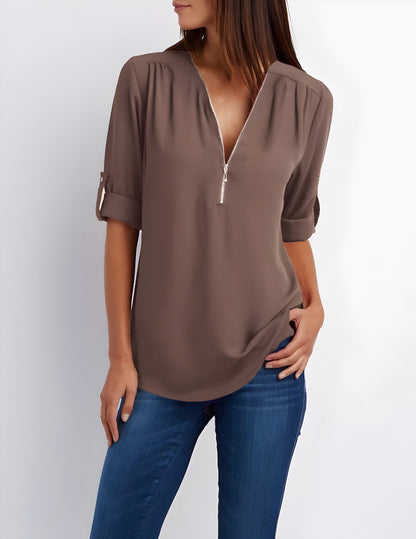 Witte Dames Blouse Korte Mouw | Modern Met Ritssluiting 8