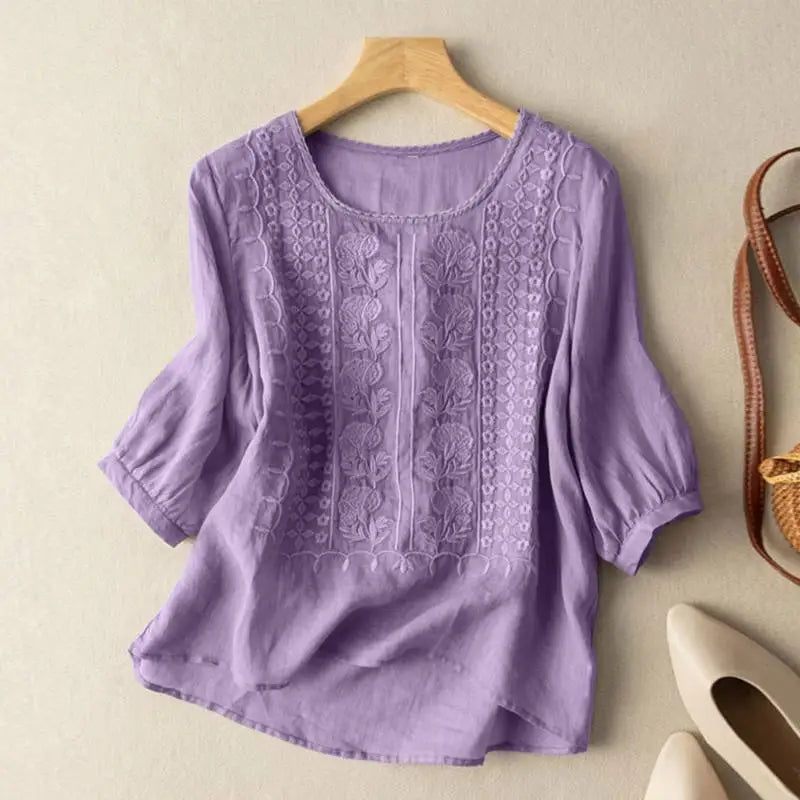 Witte Dames Blouse met Geborduurd Bloemmotief | Elegante Tuniek 3