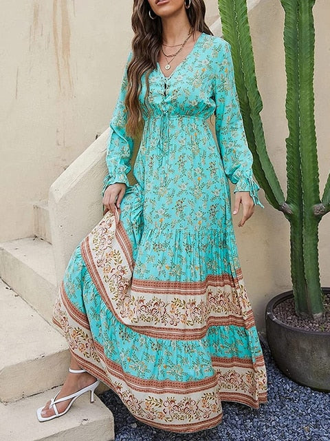 Maxi Jurk Fleur Streep Patroon Zomer Jurk