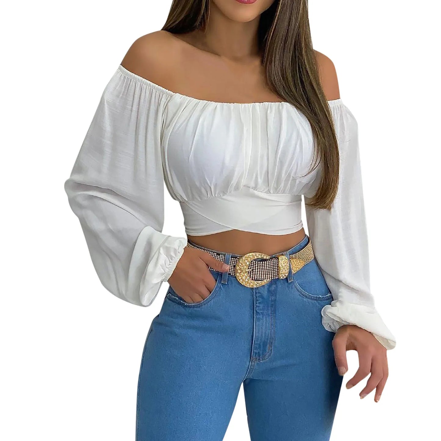 Vrouwelijke Off-Shoulder Crop Top Zomerjurk Look