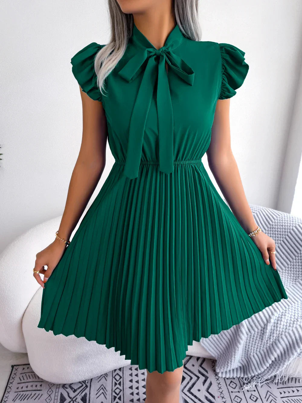 Vrouwen Zomerjurk Elegante Geplooide Striknot Jurk voor Vrouw
